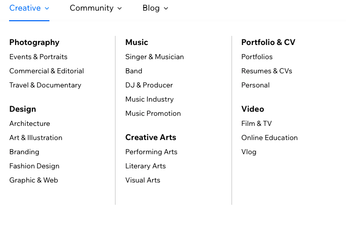 screenshot of wix templates for creatives