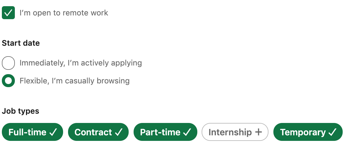 Screenshot of editing LinkedIn profile to show you are open to remote work and open to work