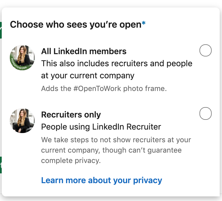 Screenshot of who sees if you are open to work 